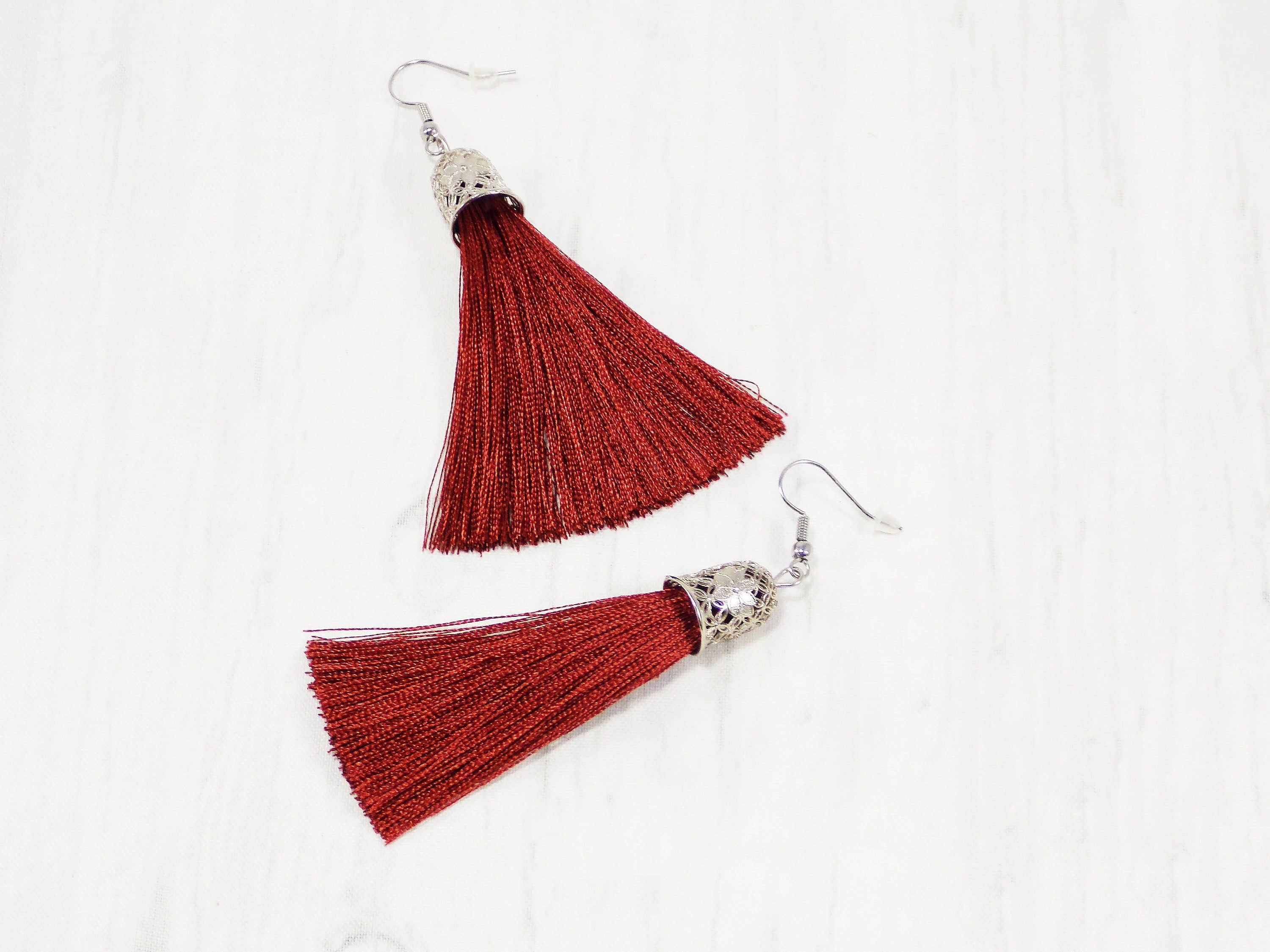 Ninolia – Brincos com berloques por atacado – Brincos de borla vermelho bordô profundo poliéster seda vermelho sangue jóias cereja marrom vinho tinto brincos de borla para festa leve gota sexy3