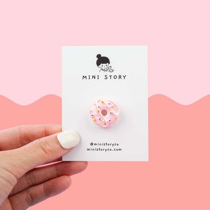 Pink Donut Pin | Strawberry Doughnut Brooch | Cute Donut Badge | Miniature Sweet Treat Accessory | Dessert Pins for wholesale by Mini Story Co