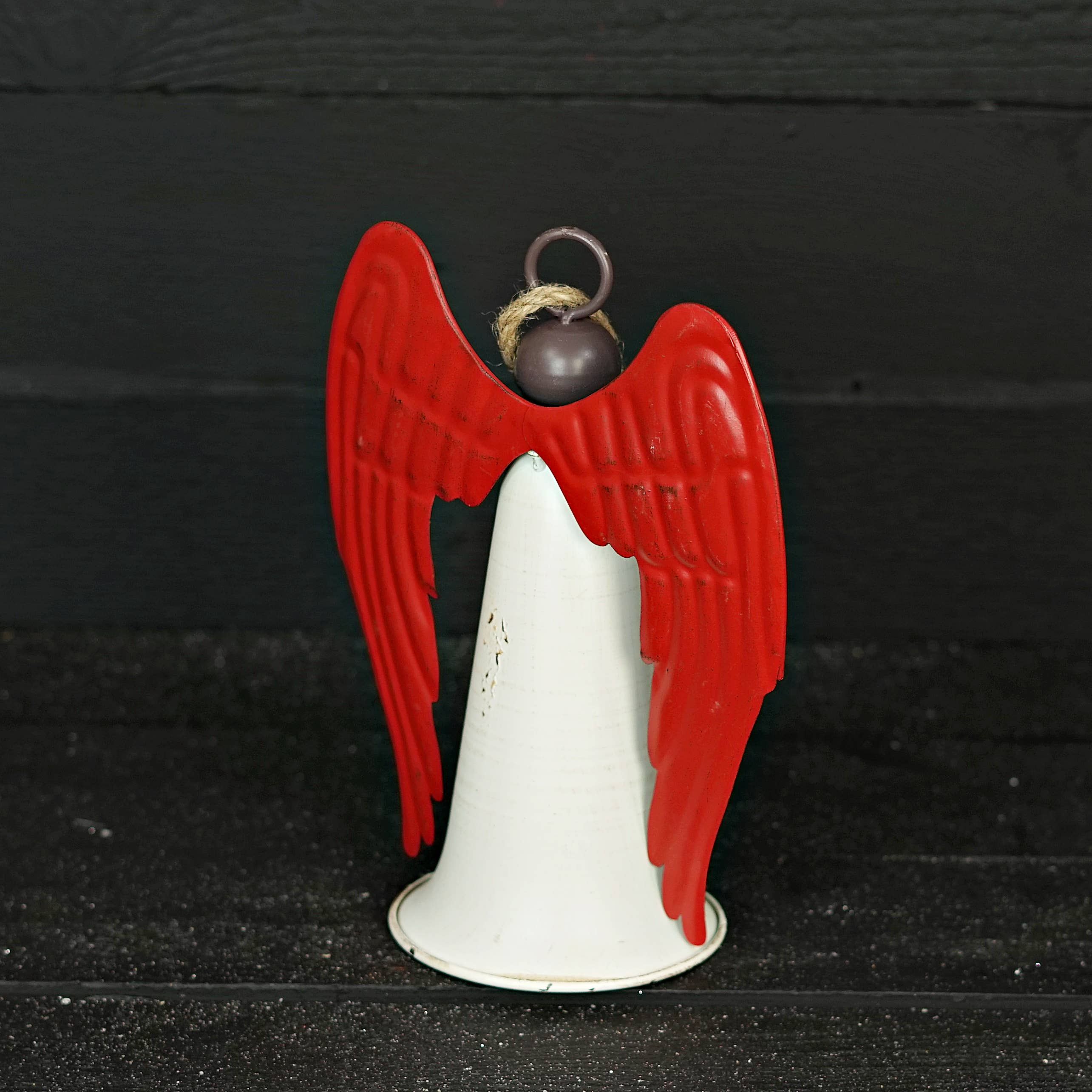 Impressive Enterprises, Inc. - Wholesale Christmas Decoration - M10825-Distressed Metal Angel Bell-WhiteBellw/RedWing-11"x9"4