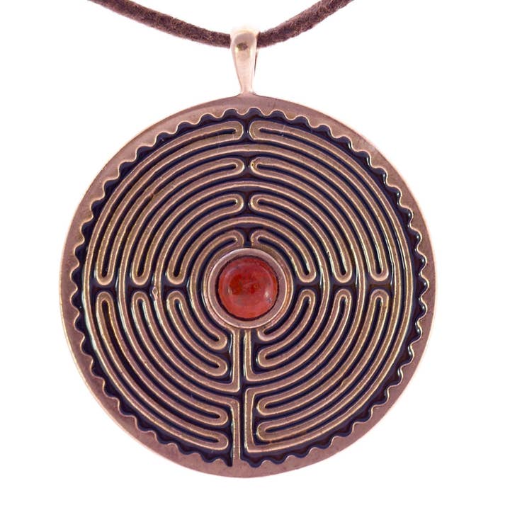 Labyrinth Peace Bronze Pendant Necklace w/Jasper Gemstone on Natural Fiber Cord for wholesale by From War to Peace