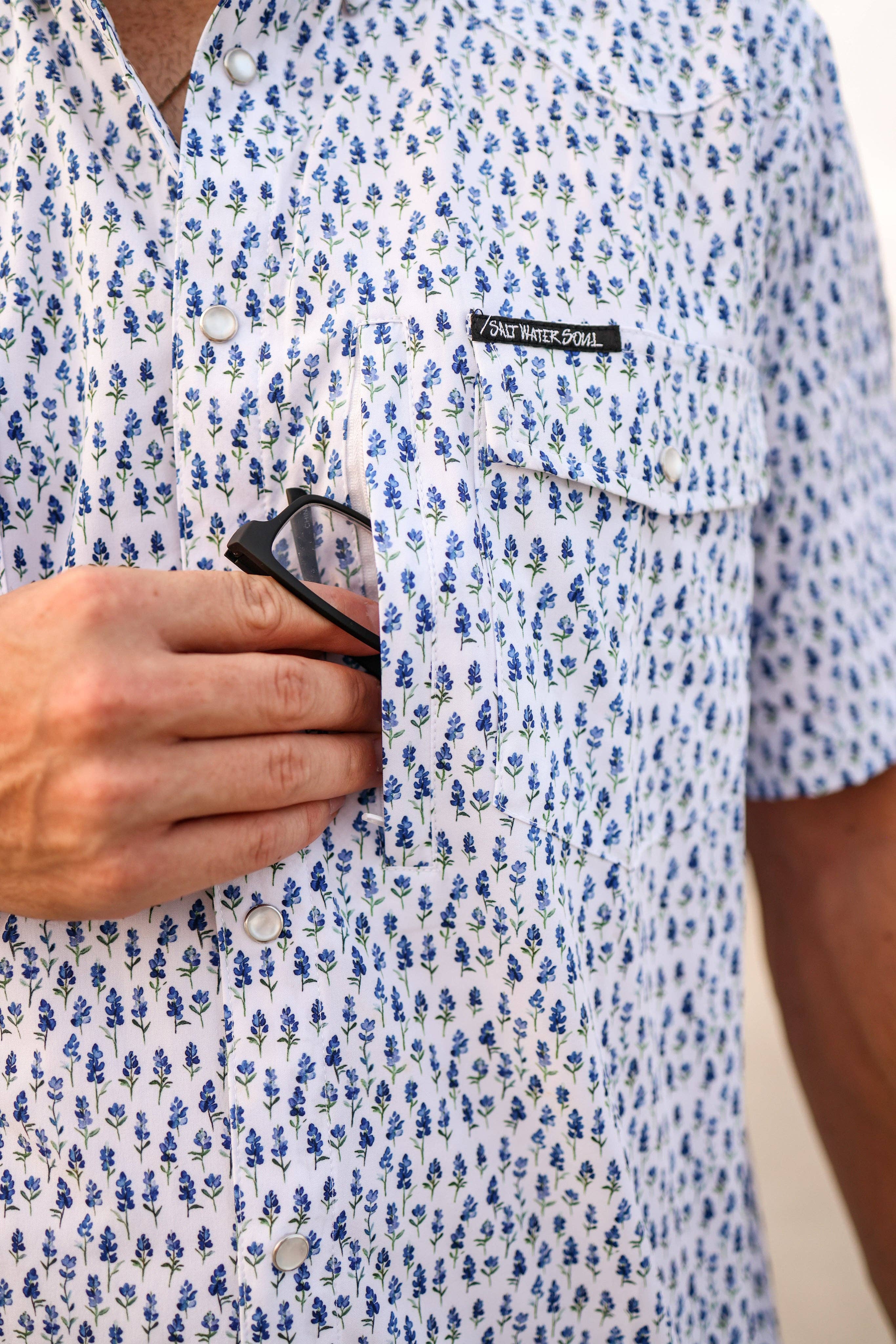 SALT WATER SOUL - Venta al por mayor Camisa con botones - Hombre - Camisa de Pesca Azul Bonnet con Broches de Perla1