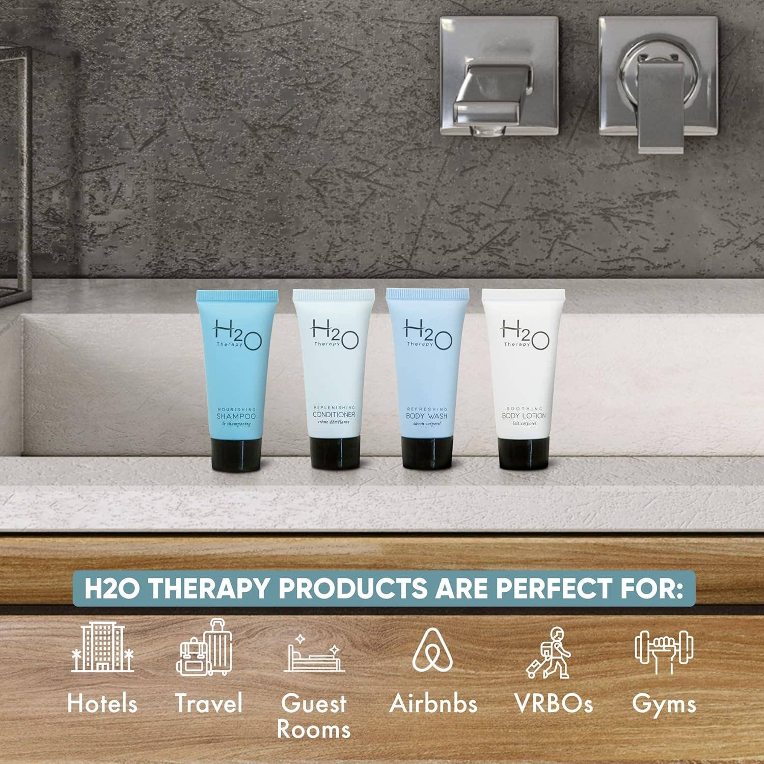 Diversified Hospitality Solutions - Wholesale Bath & Body Set - H20 Therapy 0.85 oz. Toiletries Set | 1-Shoppe All-In-Kit Amenities For Hotels, Airbnb & Rentals | Hotel Shampoo & Conditioner, Body Wash, Body Lotion | 80 Piece Travel Set1