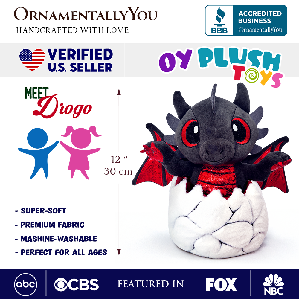 OrnamentallyYou - Wholesale Stuffed/Plush Toy - Kids & Baby - Drogo the Dino in an Egg Plushie, 12" Black and Red Dinosaur1