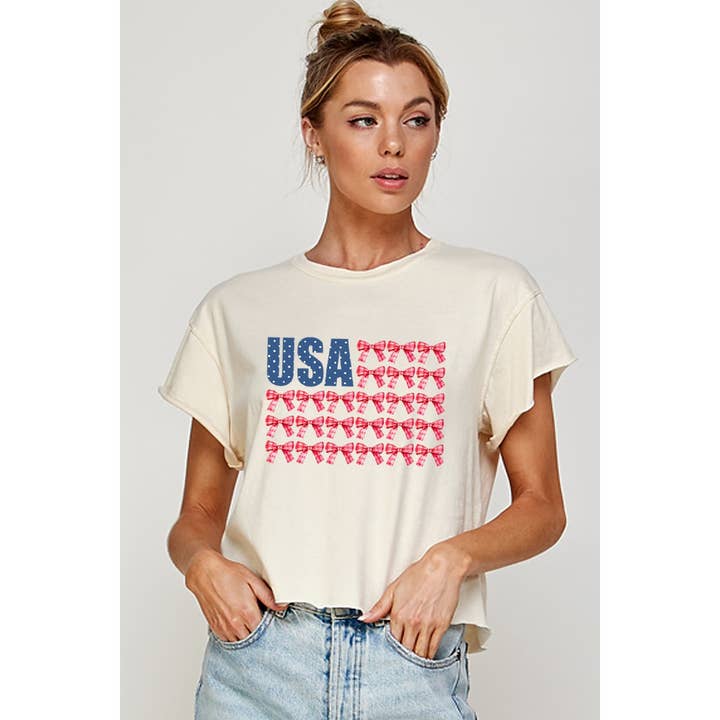 Illustrated Society - Wholesale T-Shirt (Graphic) - Women's - USA BOW FLAG VINTAGE GRAPHIC CROP TOP