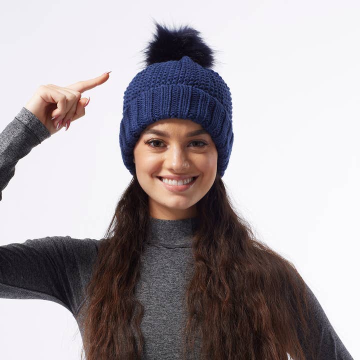 Hadley Wren - Wholesale Beanie - Women's - Snap On Pom Pom Beanie - Navy