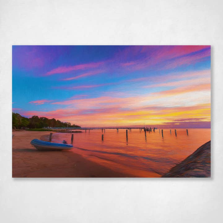 Impression murale sur la côte du coucher de soleil, Amity Jetty North Stradbroke Island - Amity Painted pour la vente par Ocean's Echo