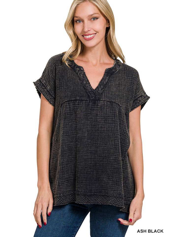 42POPS – wholesale Tunika - Dam – "Rå kant kortärmad V-ringad tröja