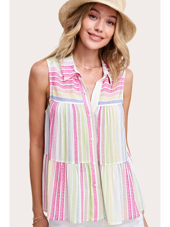 La Miel - Wholesale Blouse - Women's - SRT7466-Lightweight Multi-color Shirt Sleeveless Top14