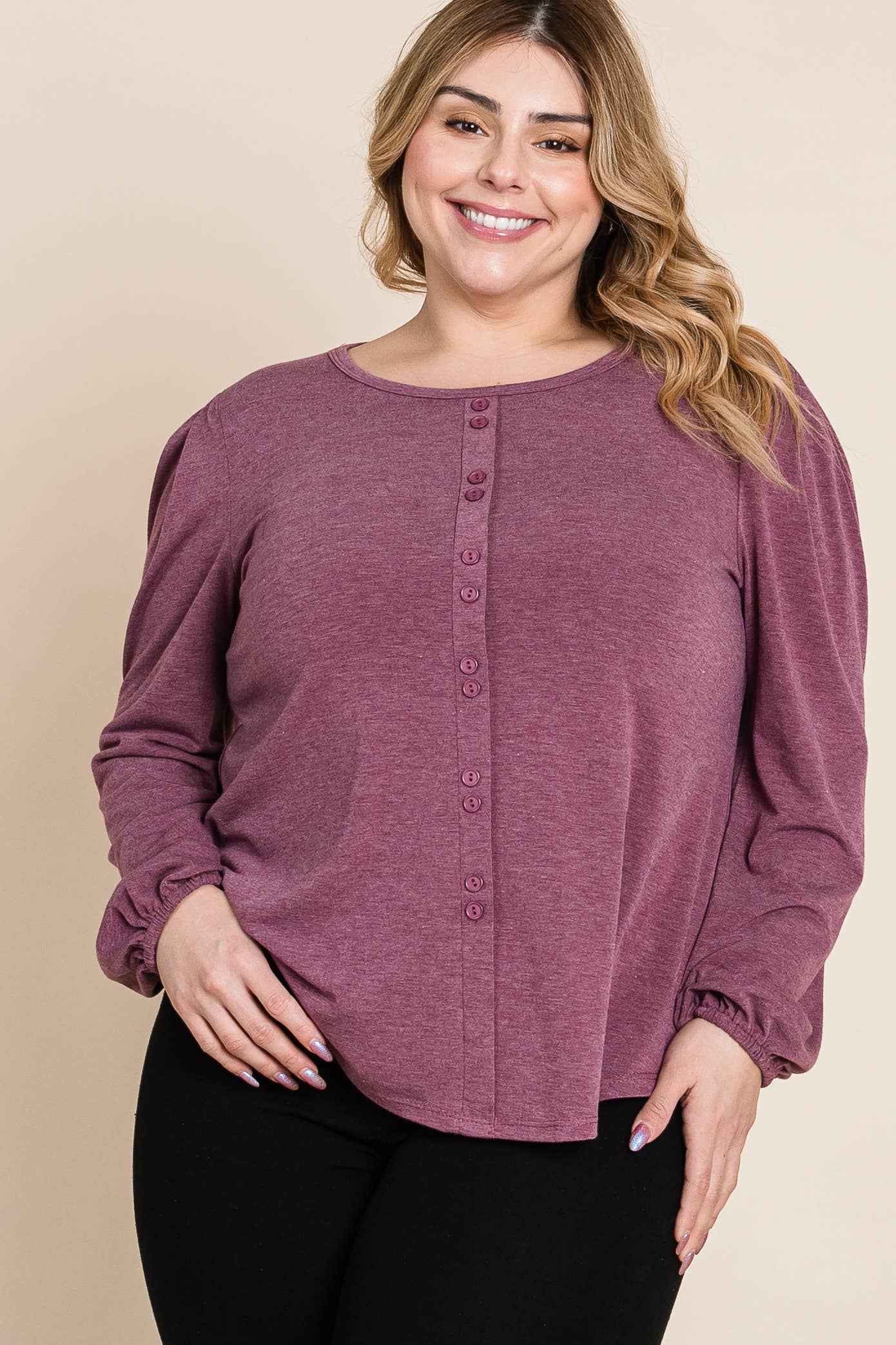 Burgundy ETK-8883-PL Plus Size Solid TR Spandex Long Sleeve Top for wholesale on Faire2