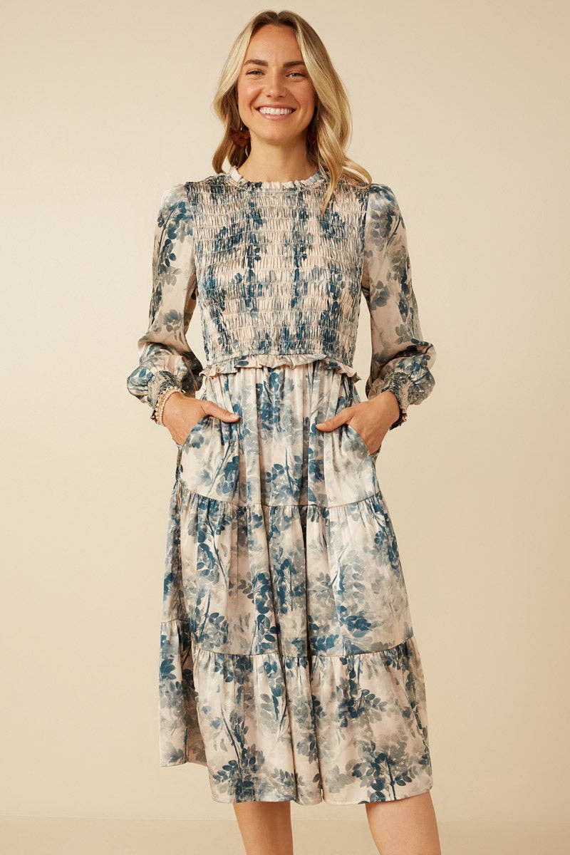 Beige Vestido de satén con cuerpo fruncido y estampado botánico para mujer de venta al por mayor en Faire1