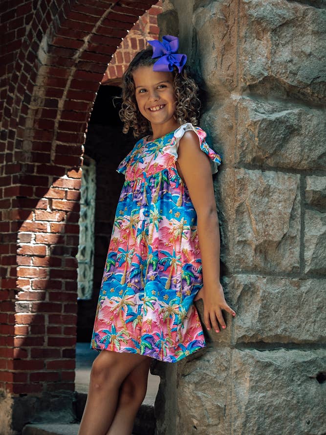 Besticktes Palmenbaum-Milchseiden-Kleid mit Flatterärmeln für den Großhandel von Great Lakes Kids Apparel
