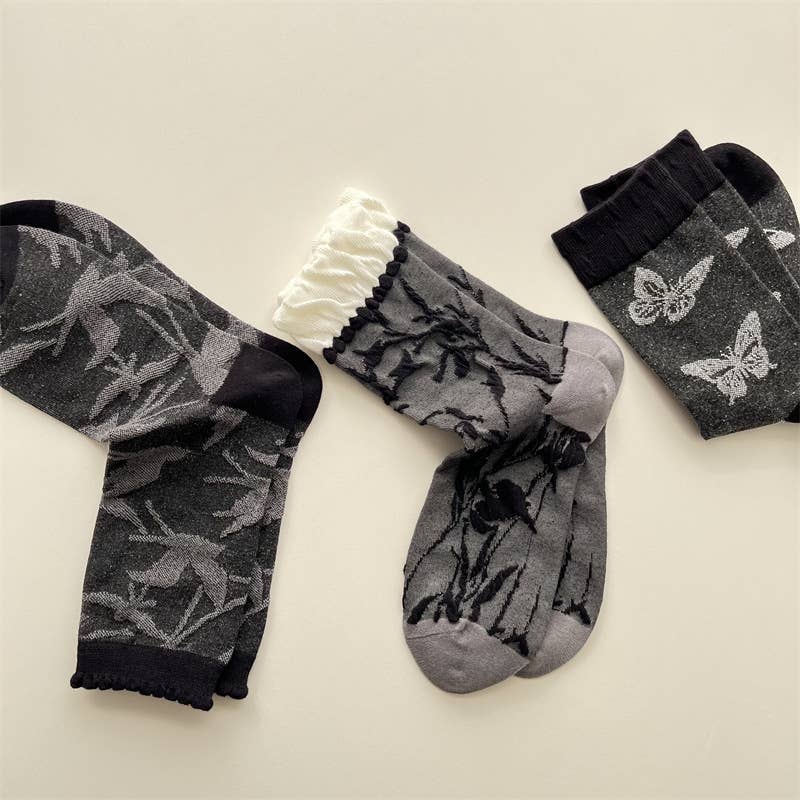 Tourtiwi – wholesale Socks – Women's – Artful Grey Crew Socks - Bird, Butterfly & Botanical Motifs2