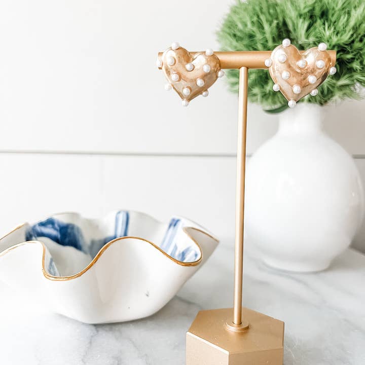 Brookhaven Baubles - Wholesale Stud/Post Earrings - Gold Pearl Heart Statement Studs - Valentine's Xoxo2