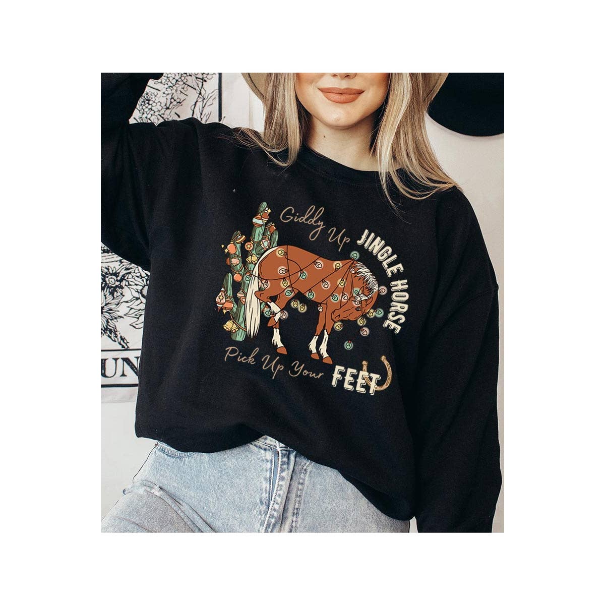 COLORBEAR – Engroshandel Grafisk Sweatshirt - Dame – Giddy Up Jingle Horse jule-unisex sweatshirt med fleece1