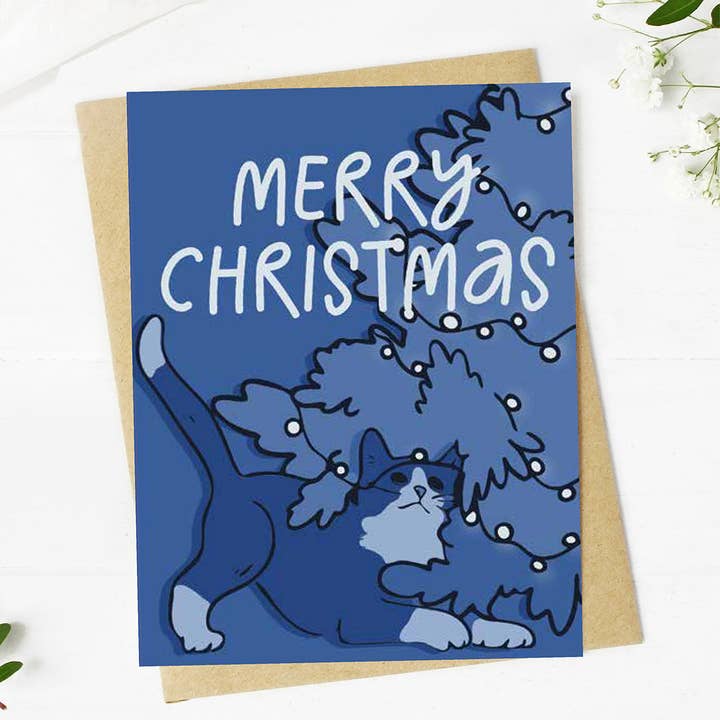 Cat In Holiday Lights Christmas Card - Blue for wholesale by Big Moods