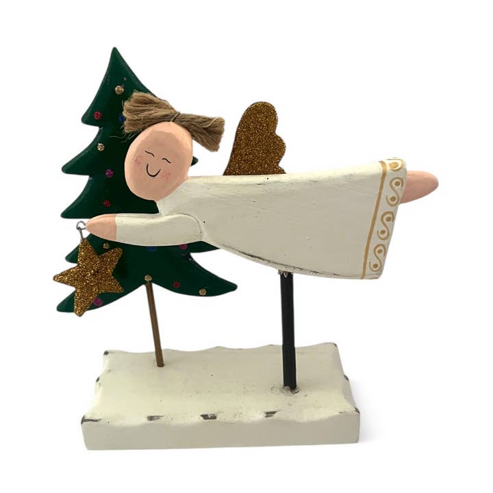 Ange de Noël avec arbre et étoile sur support 6" de haut 6" de large pour la vente par Erik & Mike