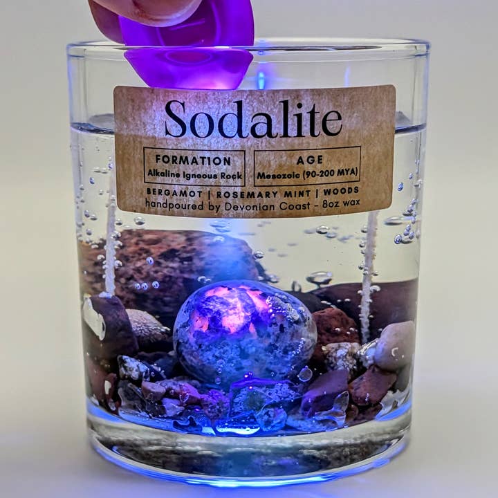 Fluorescent Sodalite Glow Treasure Candle | Yooperlite for wholesale by Devonian Coast