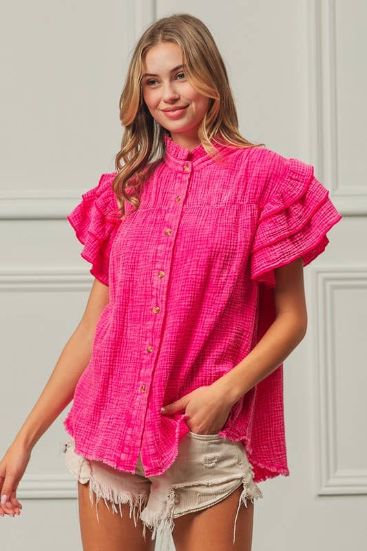 FUCHSIA Mineral Washed Crinkle Gauze Top for wholesale on Faire1