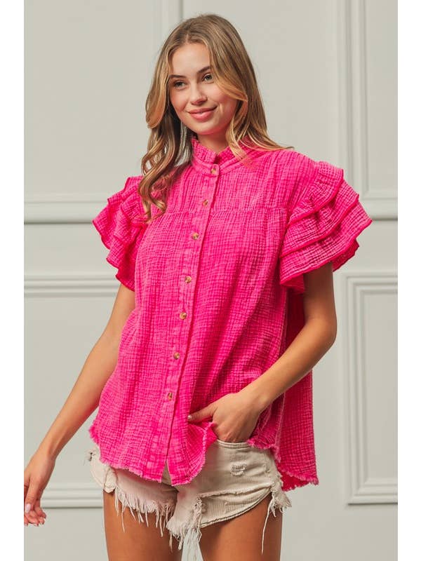 FUCHSIA Mineral Washed Crinkle Gauze Top for wholesale on Faire1