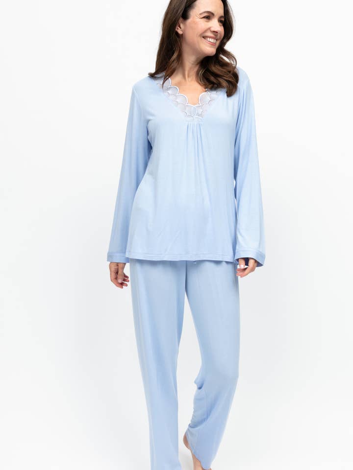 Lucy Blue Jersey V Neck Long Sleeve Pyjama Set for wholesale by Cyberjammies