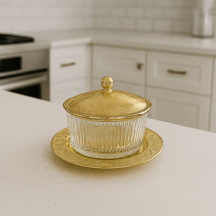 Queen Anne marmelade-/smørskål med sølvbelagt bund og låg med glasskål. (Ikke-anløbende) GULDFINISH Varenr.: Q4/471. for engroshandel hos Corbell Silver