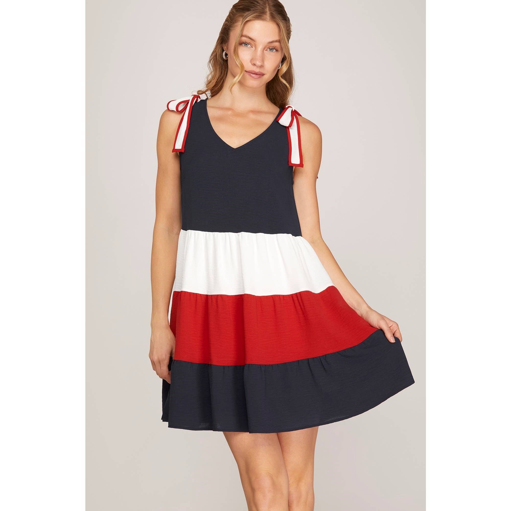 NAVY RED Color Block Sleeveless Shoulder Tie Tiered Dress for wholesale on Faire1