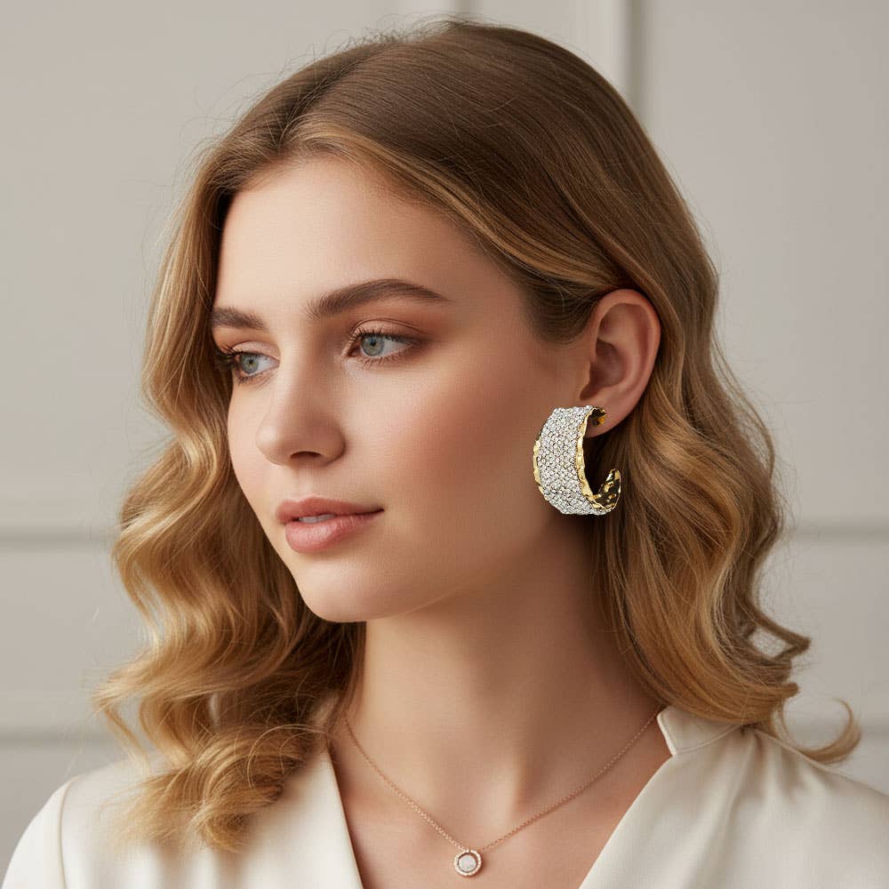 Sensibling Corp. - Wholesale Hoop Earrings - Bold Wide Rhinestone Paved Textured Metal Hoop Earrings1