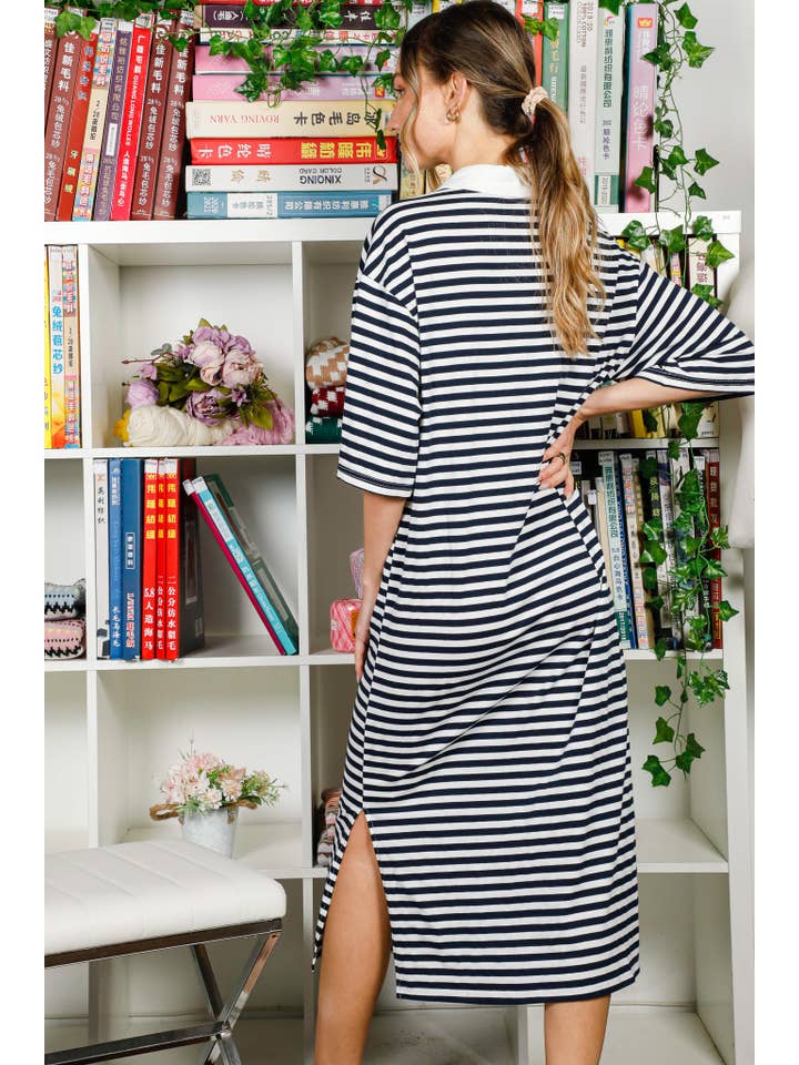 Navy Collared Drop Shoulder Striped Printed Polo Dress VD82307 for wholesale on Faire6