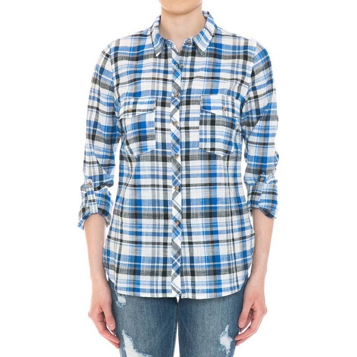 COTTON PLAID BUTTON-UP DOUBLE POCKET FLANNEL SHIRT for wholesale by Paperdoll