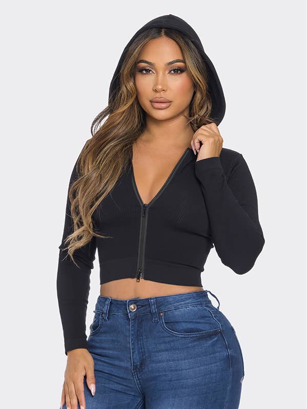 Seamless Cropped Twin Zipper Hoodie with String for wholesale by Lime All the Time