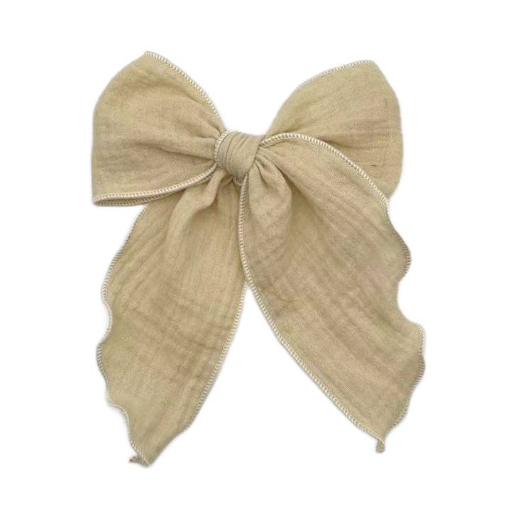 Beige Muslin Solid Hair Tied Bow w/ Clip for wholesale by Pretty in Pink Bows