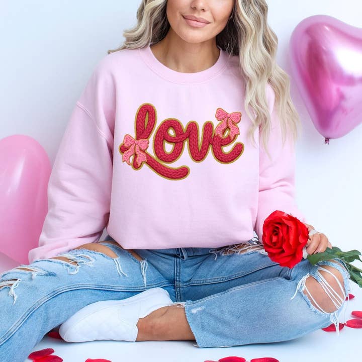 Glitter Red Love Faux Yarn Pink Bows Valentines day crewneck for wholesale by Nu Kustomz LLC -