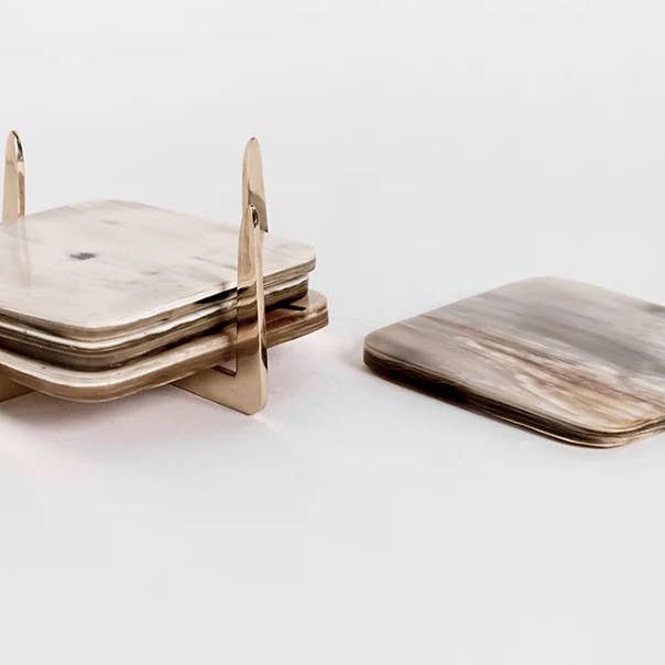 The African Home Goods - Wholesale Coasters - PURE BRASS & ANKOLE HORN COASTER SET OF 4