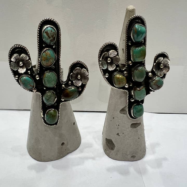Large Turquoise Cactus & Flower Adjustable Ring for wholesale by Hi Octane | SilverBotanica