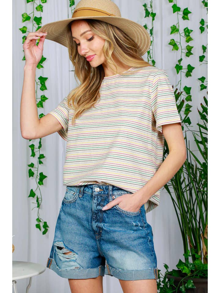 Vine & Love - Vendita all'ingrosso Maglietta - Donna - Top girocollo in cotone a maniche corte a righe multiple VT81439A14