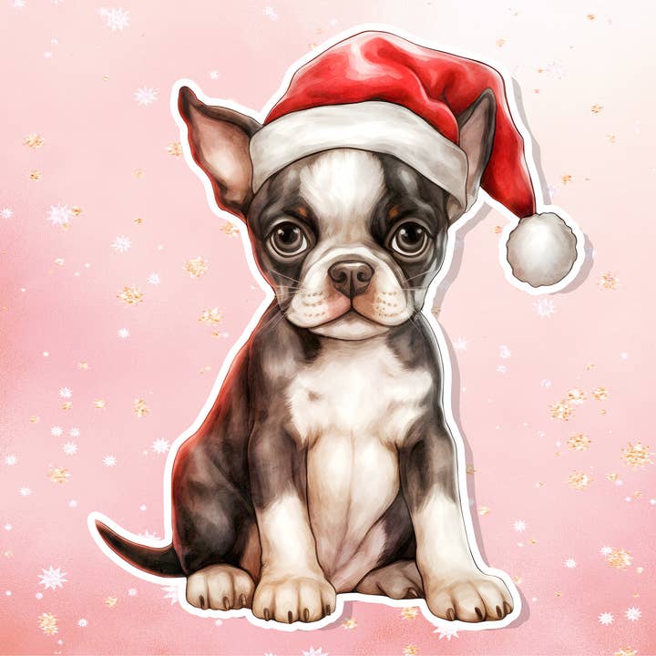 Autocollant de Noël en vinyle Boston Terrier Metaphysical Happy pour la vente par London Luxury Candles