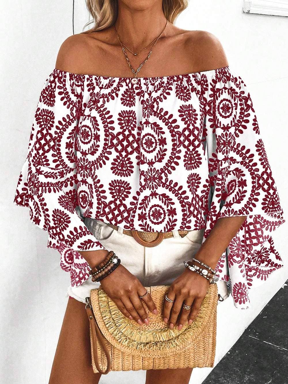 Queen Fashion – wholesale Blouse – Women’s – shoulder blouse with plant print and flare sleeves24