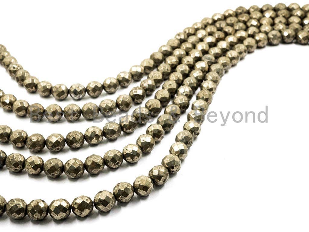 BestBeads&Beyond - Wholesale Beads - Quality Natural Pyrite 2mm/3mm/4mm/6mm/8mm/10mm/12mm/14mm/16mm beads, Round Faceted Pyrite Gemstone Beads, 15inch strand, SKU#W21