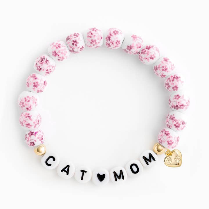 Names For Good - Wholesale Beaded Bracelet - Pink Porcelain Floral Beaded Stretch Bracelet (DOG MOM)