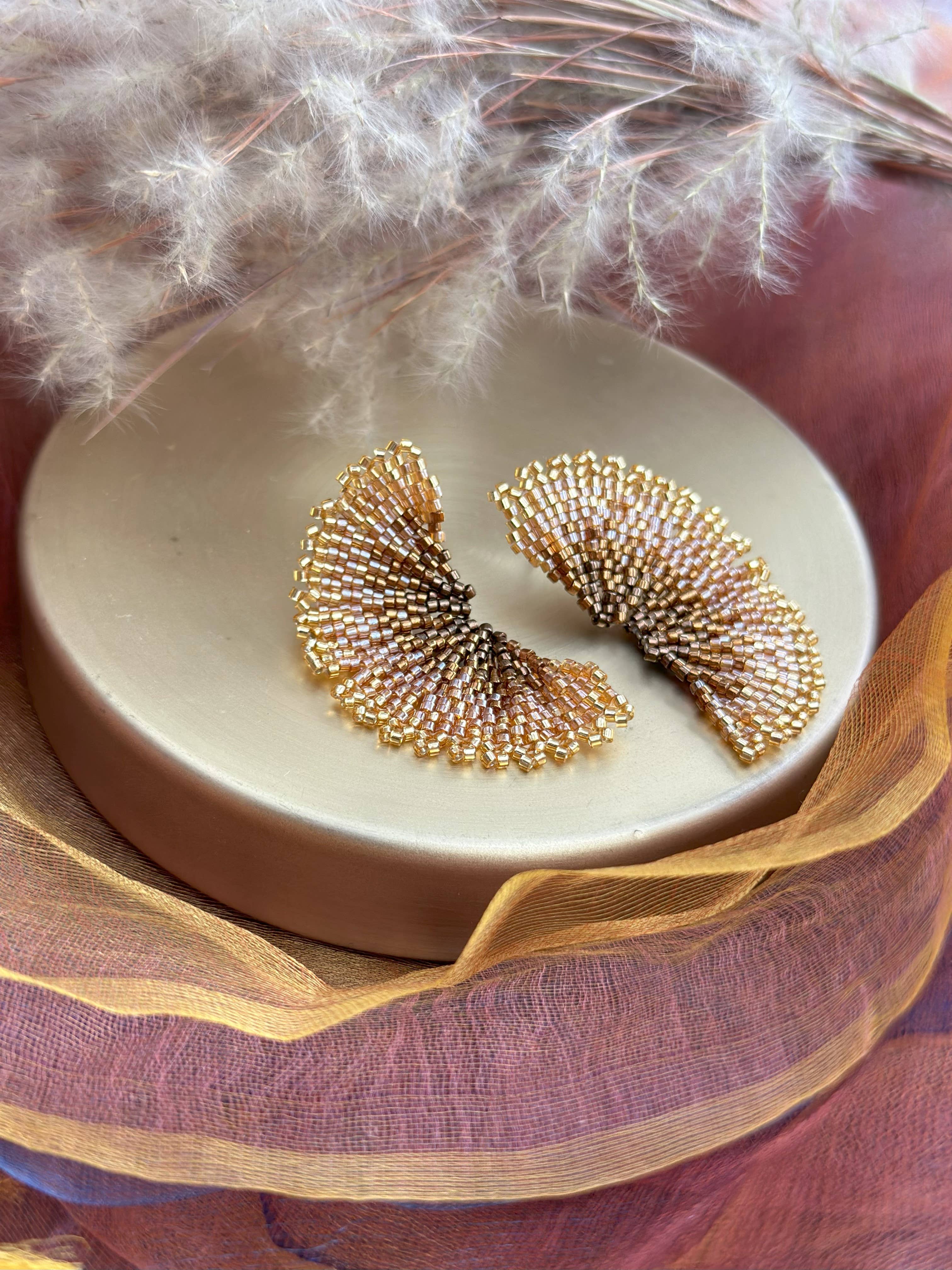 Mayana Designs Co - Wholesale Stud/Post Earrings - Beaded Handwoven Ginkgo Leaf Stud Earrings (Bronze)1