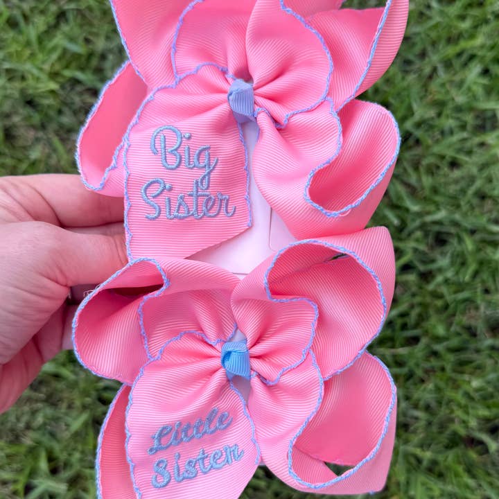 Little Sister Embroidered Hair Bow for wholesale by Just For Fun Threads