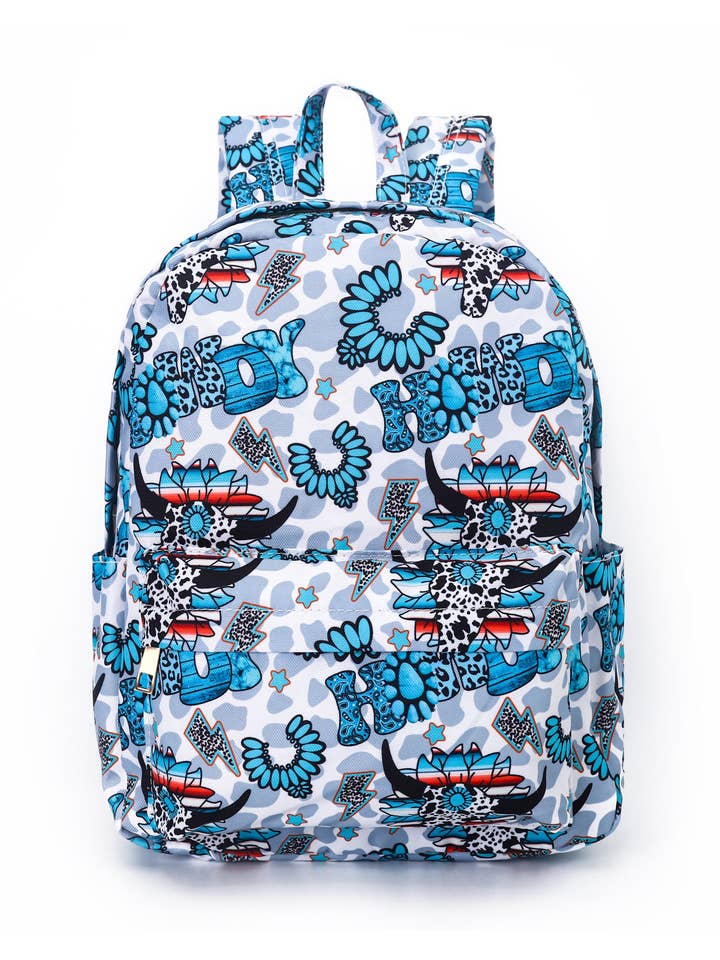 Mochila vaquera Howdy con estampado de vaca turquesa para niños para venta al por mayor de sassy kids palace