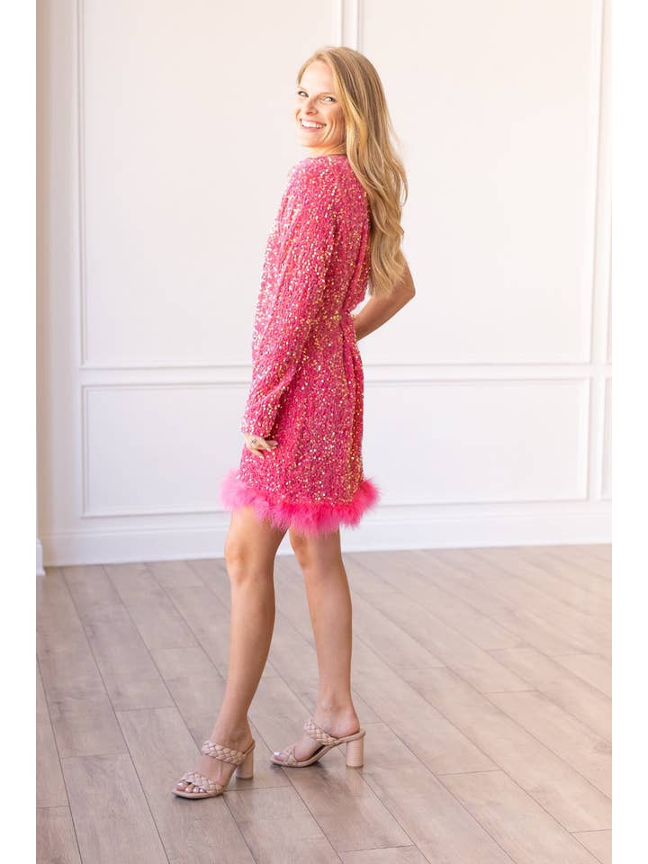 Feathered Opulence Sequin Dress in Pink for wholesale on Faire