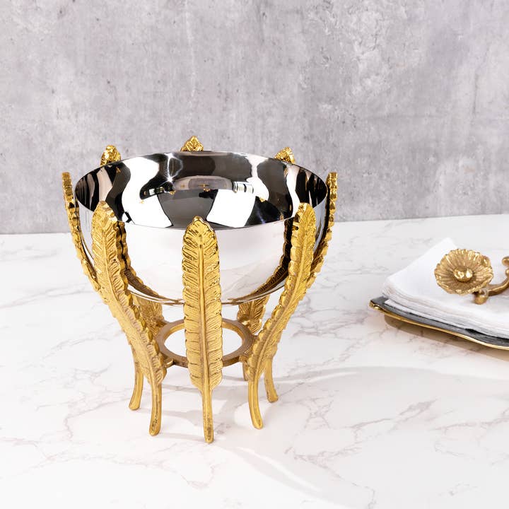 The Wine Savant / Khen Glassware - Wholesale Decorative Plate/Dish/Bowl - Decorative Silver Bowl Fruit Basket With Gold Leaf Accents
