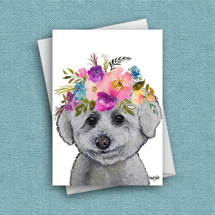 Bright Blooms hundekort 'Bichon', søde hundekort for engroshandel hos Hippie Hound Studios