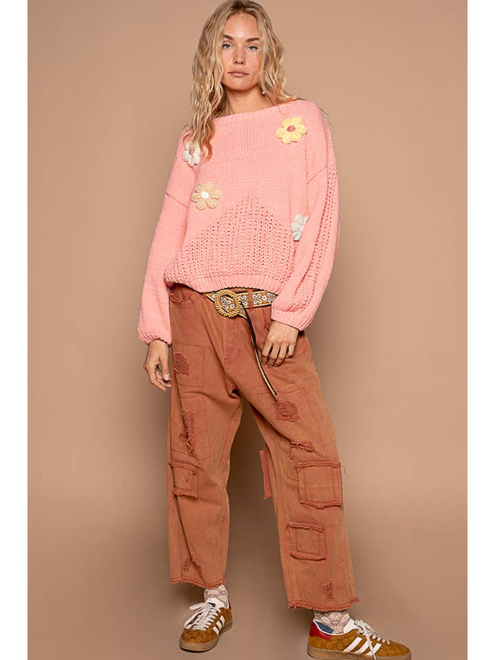 Pol Clothing - Wholesale Knit Sweater - Women's - Round neck balloon sleeve floral patches sweater SALE