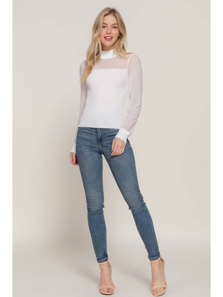 Active Basic | Active USA - Wholesale Knit Top - Women's - Long Sleeve Mock Neck Mesh Panel Detail Sweater Top
