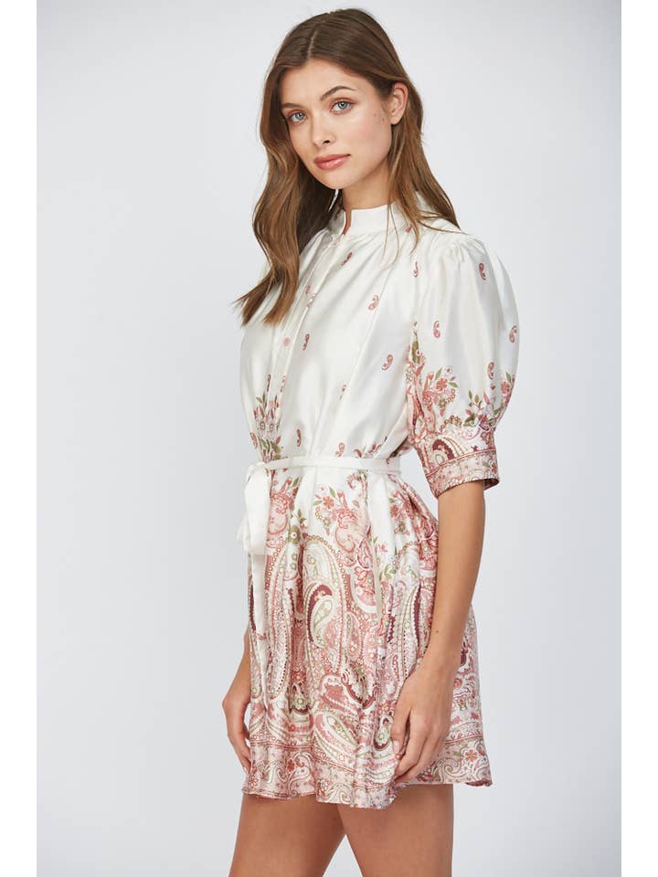 CREAM MULTI BORDER PRINT SATIN SELF WAIST TIE BUTTON FRONT DRESS FD30317 for wholesale on Faire