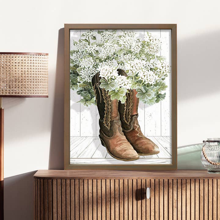 Fleurs dans des Bottes de Cowboy 18x24 Œuvre Encadrée - CIN4230 pour la vente par Penny Lane Fine Art