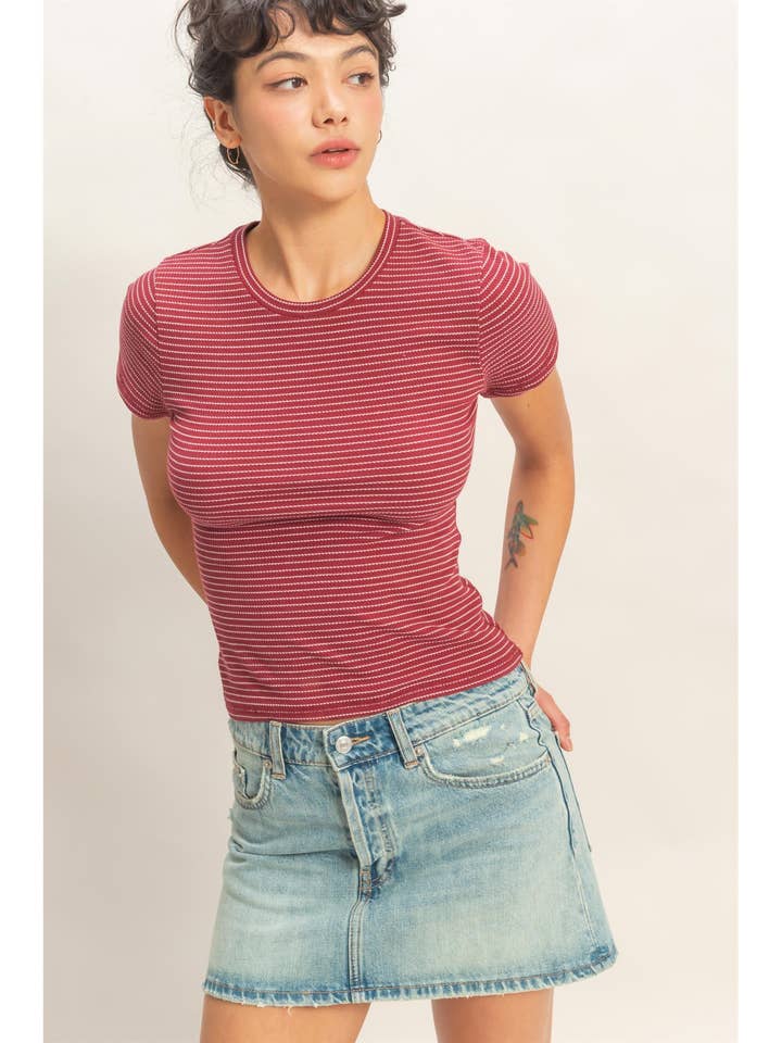 Striped Ribbed Crew Neck Top for wholesale by HYFVE
